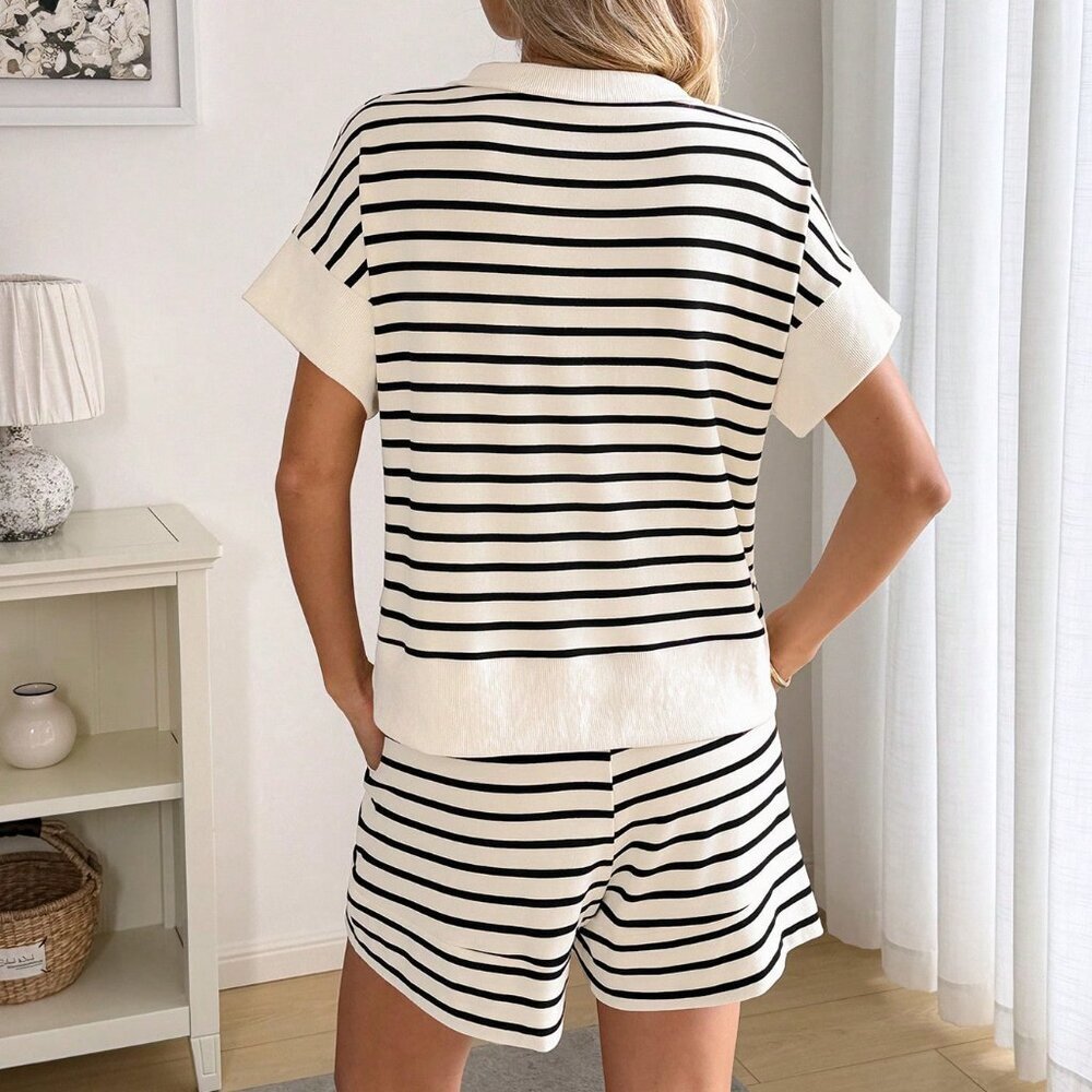 Multicolor Casual Women's Zip-Up Polo Collar Top and Shorts Outfit - Picture 2 of 8